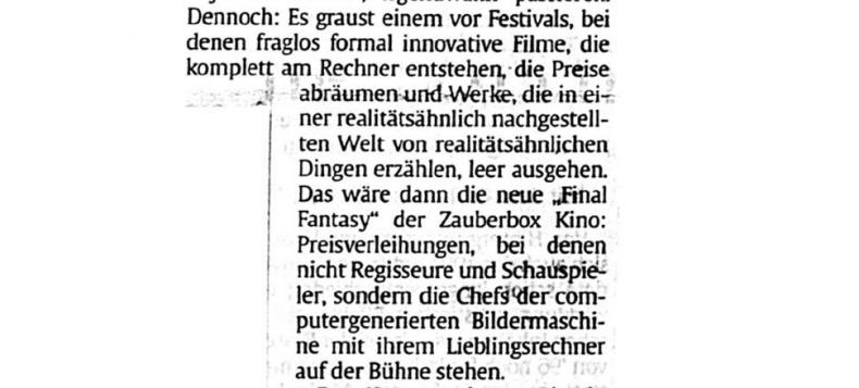 Zeitungsausschnitt aus: Schulz-Ojala, Jan (2002) Bis ans Ende der Fantasie, in: Tagesspiegel, 18.02.2002.